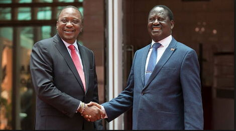 President Uhuru Kenyatta's shakes hands with former Prime Minister Raila Odinga on March 9, 2018.
