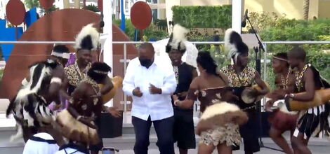 President Uhuru Kenyatta danced with Bomas Harambee Dancers at the Expo 2020 Dubai during the Kenya Day festivities on Wednesday, February 16, 2022.