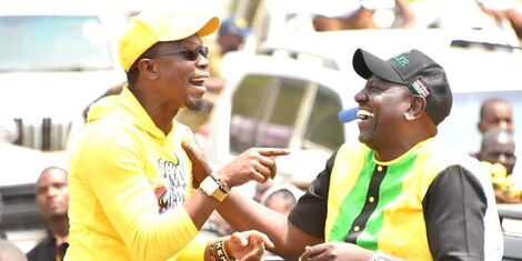 President William Ruto (right) with former Budalangi MP Ababu Namwamba (left) during a UDA campaign rally