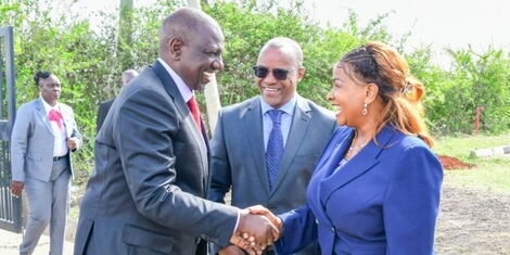 President William Ruto and Machakos Governor Wavinya Ndeti during the launch of the affordable housing project in Syokimau on Wednesday December 7, 2022.