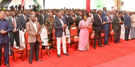 President William Ruto, DP Rigathi Gachagua and Governor Cecily Mbarire during an interdenominational service in Embu county on Sunday, December 4, 2022