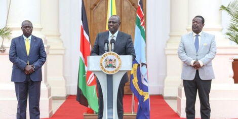 President William Ruto, Deputy President Rigathi Gacahgua and Chief Cabinet Minister Musalia Mudavadi announcing the nominees to his cabinet at State House Nairobi on Tuesday, September 27, 2022.