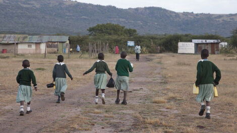 Primary school students going to school