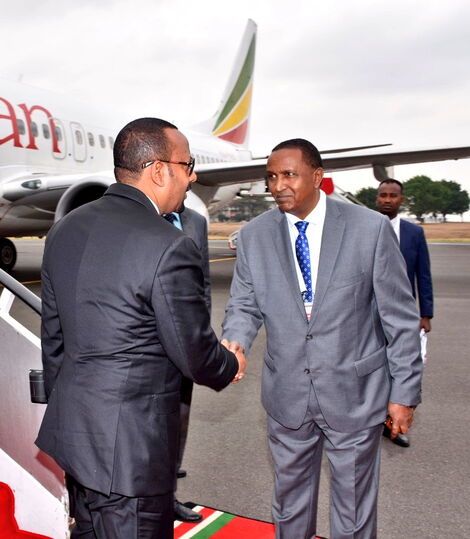H.E Abiy Ahmed, Ethiopian Prime Minister being received by Amb. Galma Boru at JKIA on Tuesday, September 13, 2022