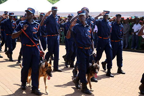 Private security guards marching during Labour Day celebrations at Jomo Kenyatta Sports Ground in Kisumu County on May 1, 2018.