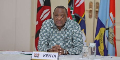 Prsident Uhuru Kenyatta attending the meeting between officials from the Ministry of Health and Moderna officials at State House on Monday, March 7, 2022.
