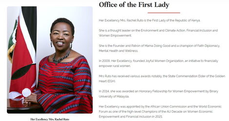 A screengrab of the presidential website detailing the biography of First Lady Rachel Ruto.