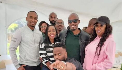 RMS employees at the luncheon celebrating Bernard Ndong's (in a leather jacket) departure from Citizen TV.