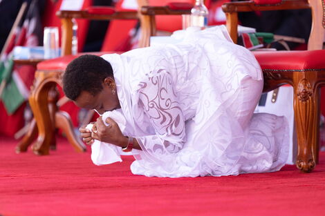 First Lady Rachel Ruto prays for rain during National Prayer Day held at Nyayo Stadium on February 14, 2023.