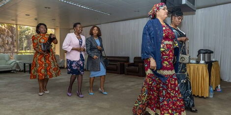 First Lady Rachel Ruto (in pink blazer) in the company of other African First Ladies arrive at the Organization of African First Ladies for Development (OAFLAD) summit held in Addis Ababa, Ethiopia on February 19, 2023.
