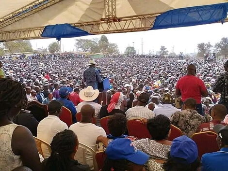 Raila Odinga adressing a rally at Kamukunji Grounds on Monday, January 2023.