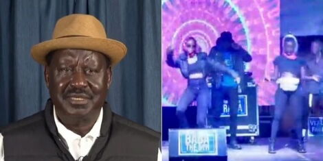 Former Prime Minister Raila Odinga (LEFT) and musicians performing at Azimio digital rally on May 6, 2022 (RIGHT).