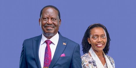 Former Prime Minister Raila Odinga and Narc Kenya leader Martha Karua posing for their campaign photos.
