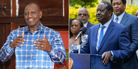 A photo collage of President William Ruto speaking in Nairobi on February 23, 2023 (left) and Former Prime Minister Raila Odinga addressing the media on February 17, 2023 (right).