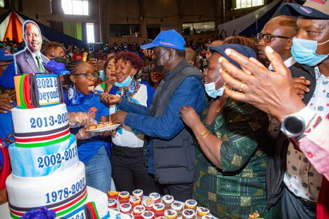 ODM leader Raila Odinga sharing his birthday cake at the Bomas Kenya, Nairobi on Friday January 7, 2022