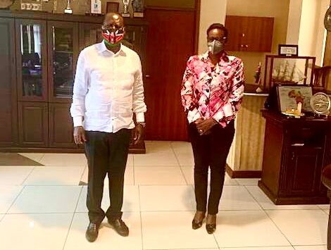 Former Prime Minister Raila Odinga poses with Nairobi County Assembly Speaker Beatrice Elachi at his Capitol Hill office in Nairobi on March 15, 2020