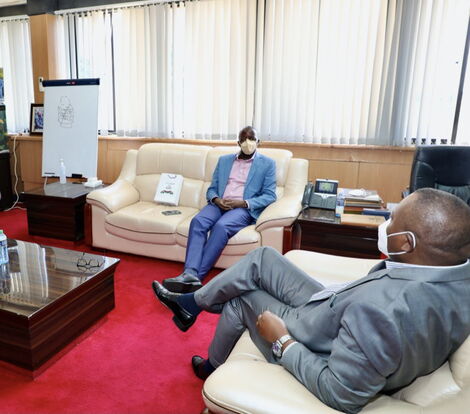 DCI George Kinoti and Raila Odinga Junior during a meeting at DCI Headquarters on April 29, 2021