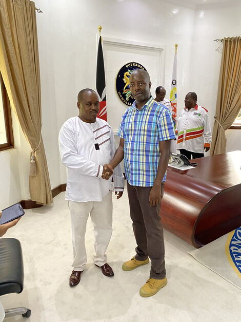 Raila Junior and Elgeyo Marakwet Governor Alex Tolgos in Mombasa on January 25, 2020.