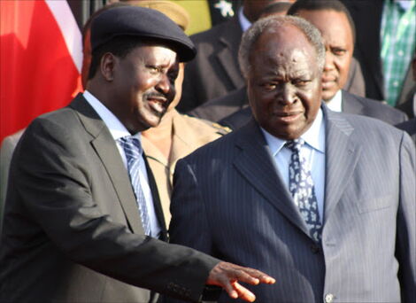 Retired President Mwai Kibaki with Former Prime Minister Raila Odinga 
