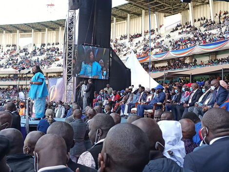 Raila Odinga addresses the gathering at Kasarani Stadium during Azimio la Umoja national convention on Friday, December 10, 2021