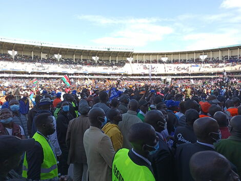 Kenyans gathered at Kasarani Stadium during Azimio la Umoja convention to witness Raila Odinga join the 2022 presidential race on Friday, December 10, 2021