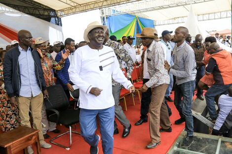 Raila Odinga breaks into dance during the BBI rally in Kitui on February 1, 2020.