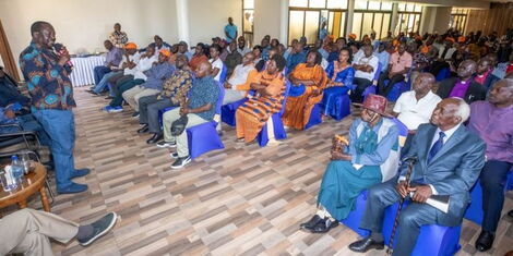 Azimio Leader Raila Odinga addressing leaders from Nyanza region on February 18, 2023.