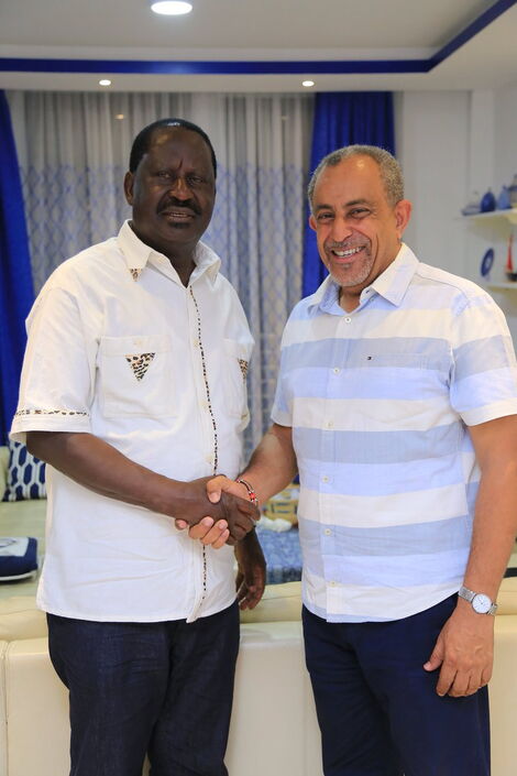 African Union envoy Raila Odinga with businessman Suleiman Shahbal in Mombasa County on Wednesday, March 18, 2020
