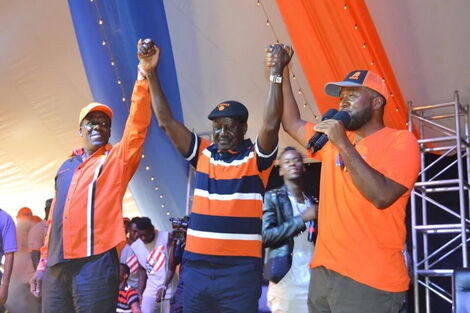 Raila Odinga (center), Kakamega governor Wycliffe Oparanya and Mombasa Governor HassaN Joho