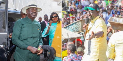 Azimio La Umoja presidential candidate Raila Odinga (left) his UDA DP counterpart William Ruto at Uhuru Gardens and Makueni County respectively.