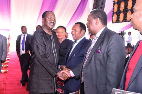 Former Prime Minister Raila Odinga greets ANC leader Musalia Mudavadi in Tigoni, Kiambu County, on Tuesday, March 3, 2020.
