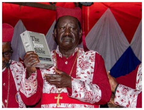 File photo of Azimio la Umoja Presidential candidate Raila Odinga holding a Bible