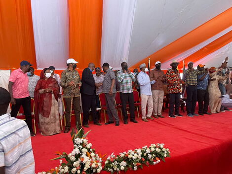 Orange Democratic Movement (ODM) leader, Raila Odinga with CS Ukur Yatani and Governors Ali Korane (Garissa), Wycliffe Oparanya (Kakamega), Lee Kinyanjui (Nakuru) in Isiolo on Saturday, October 16, 2021.