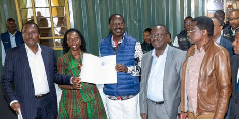 From left to right: Wiper leader Kalonzo Musyoka, Narc Kenya leader Martha Karua, former Prime Minister Raila Odinga, Paul Mwangi and elected governor of Siaya James Orengo at the Registry of the Supreme Court on Aug. 23, 2022.