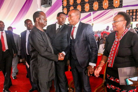 Orange Democratic Movement (ODM) leader Raila Odinga shakes hands with Kiambu Senator Kimani Wamatangi in Tigoni, Kiambu on February 3, 2020