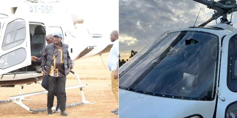 ODM leader Raila Odinga arrived in Elgeyo Marakwet County on Friday, April 1, 2022 (left). A picture of the chopper that was stoned in Uasin Gishu County (right).
