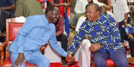 An image of ODM leader Raila Odinga and President Uhuru Kenyatta at the Azimio NDC on March 12, 2022.
