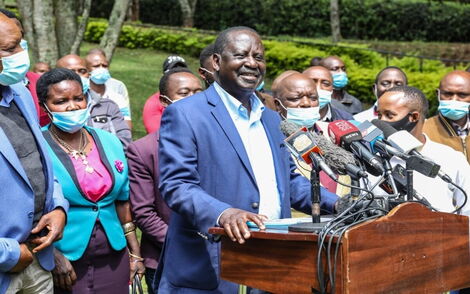 ODM leader Raila Odinga during a press conference on February 4, 2021 to defend Governor Simba Arati after an altercation with MP Silvanus Osoro