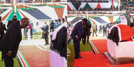 South Africa President Cyril Ramaphosa (left), and his South Sudan counterpart Salva Kiir (right) pay their last respects to the departed former Kenya Head of State Mwai Kibaki at Nyayo Stadium on Friday, April 29, 2022