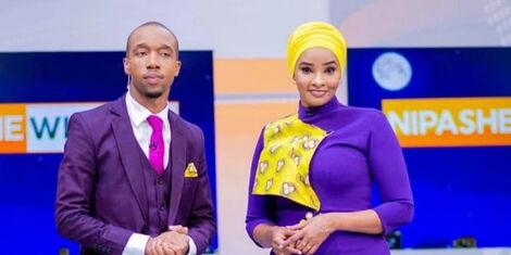 Rashid Abdalla and Lulu Hassan posing for a photo in Citizen TV studios in 2021.