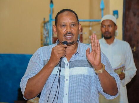 Wajir MP Rashid Kassim speaks during a meeting involving senior Wajir County officials planning the tarmacking Isiolo-Modogashe- Habswein- Wajir –Kotulo - Mandera road on August 13, 2019, in Wajir County.
