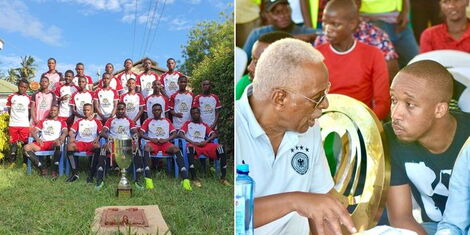 A collage image of winners at the Rashid Abdalla Super Cup (left) and Rashid conversing with a guest at a past tournament in 2021(right).