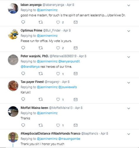 Reactions to Jemimah Kariuki's tweet on Wednesday, April 7, 2020