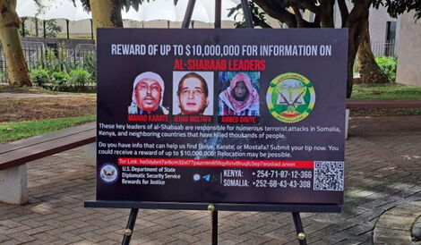 The US Embassy issues a Ksh1.2 billion reward for any information leading to the arrests of three Al-Shabaab suspects on Monday, November 14, 2022.