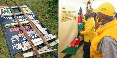 A collage of vandalised signage at Lanet Police Station (left) and Deputy President William Ruto (right) presiding over the opening of station funded by Bahati CDF on Saturday, December 18, 2021