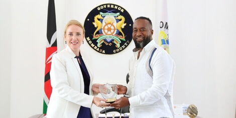 Mombasa Governor Hassan Joho hosting Ambassador of the Republic of Ireland to Kenya Fionnuala Quinlan in his office
