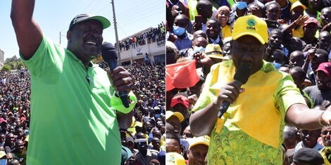 Amani National Congress (ANC) party leader Musalia Mudavadi (left) and Deputy President William Ruto (right) at a campaign rally in Nakuru on January 26, 2022