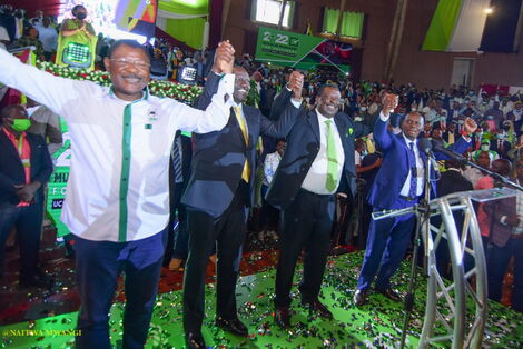 From left: Party leaders Moses Wetangula (Ford-Kenya), William Ruto (UDA), Musalia Mudavadi (ANC) and William Kabogo (Tujibebe Wakenya Party) at the Bomas of Kenya on Sunday, January 23, 2022