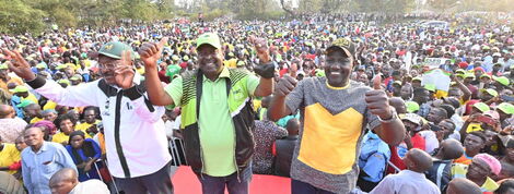 From left: Party leaders Moses Wetangula (Ford-Kenya), Musalia Mudavadi (ANC) and William Ruto (UDA) at a rally in Mumias, Kakamega County on Tuesday, February 8, 2022