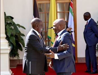 President William Ruto (left) embraces Lang'ata MP Phelix Odiwuor also known as Jalang'o at State House, Nairobi on Tuesday, February 7, 2023.